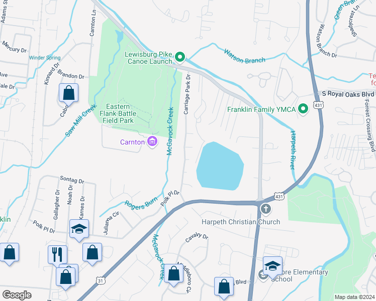 map of restaurants, bars, coffee shops, grocery stores, and more near 1248 Carriage Park Drive in Franklin