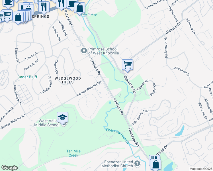 map of restaurants, bars, coffee shops, grocery stores, and more near 601 South Peters Road in Knoxville