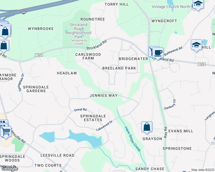 map of restaurants, bars, coffee shops, grocery stores, and more near 9225 Carlswood Court in Raleigh