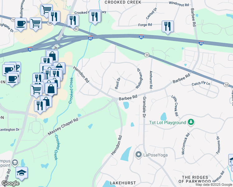 map of restaurants, bars, coffee shops, grocery stores, and more near 729 Wellingham Drive in Durham