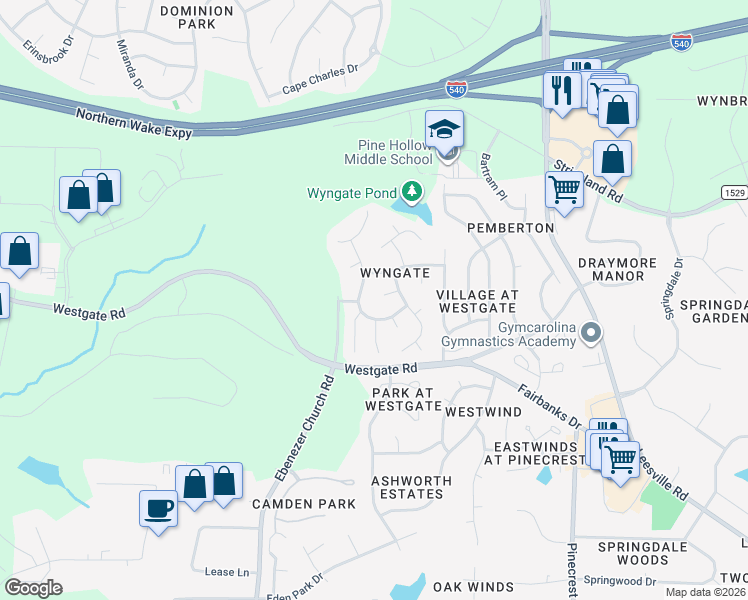 map of restaurants, bars, coffee shops, grocery stores, and more near 8732 Springhouse Lane in Raleigh