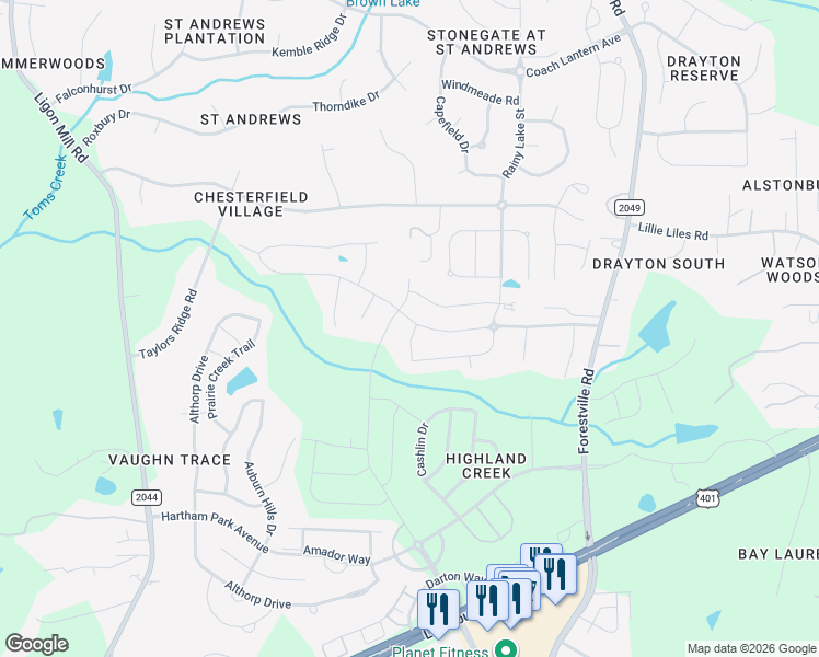 map of restaurants, bars, coffee shops, grocery stores, and more near 3341 Table Mountain Pine Drive in Wake Forest