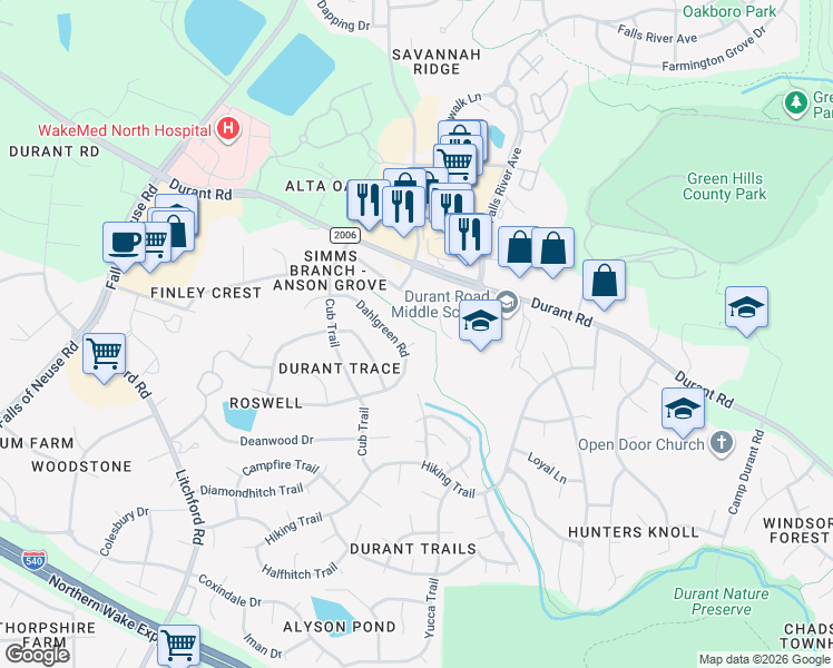 map of restaurants, bars, coffee shops, grocery stores, and more near 9200 Dakins Court in Raleigh