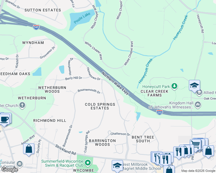map of restaurants, bars, coffee shops, grocery stores, and more near 9009 Hometown Drive in Raleigh