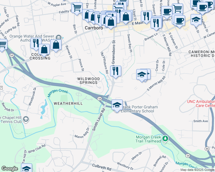 map of restaurants, bars, coffee shops, grocery stores, and more near 122 South Peak Drive in Carrboro