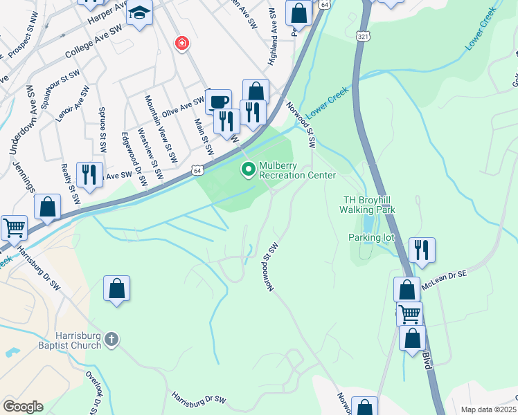 map of restaurants, bars, coffee shops, grocery stores, and more near 822-824 Westminster Circle Southwest in Lenoir