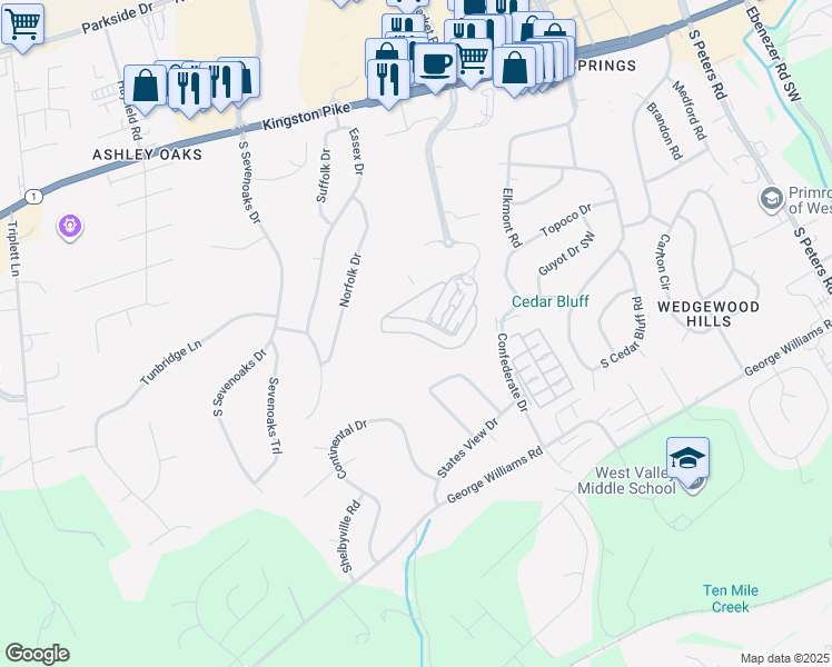 map of restaurants, bars, coffee shops, grocery stores, and more near 462 Avery Way in Knoxville
