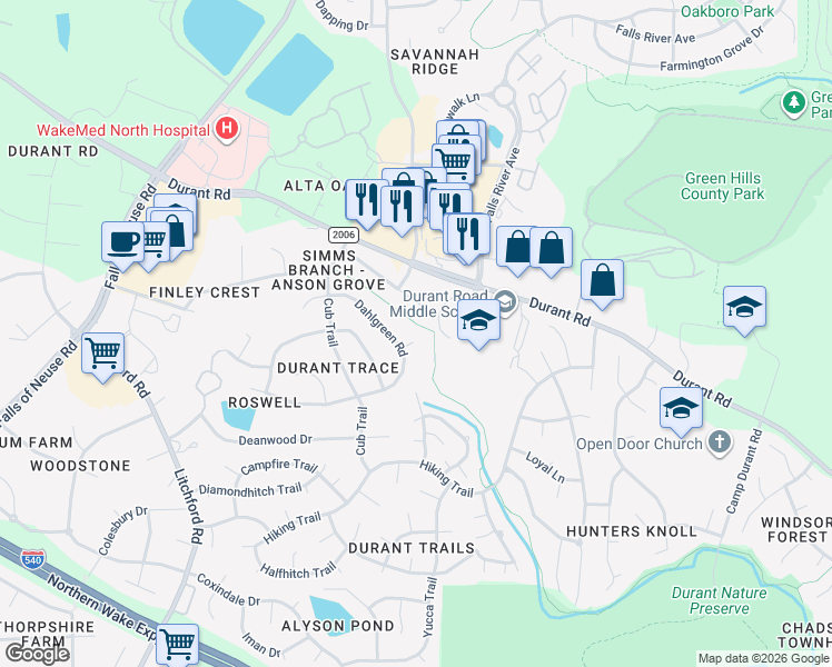 map of restaurants, bars, coffee shops, grocery stores, and more near 9200 Dakins Court in Raleigh