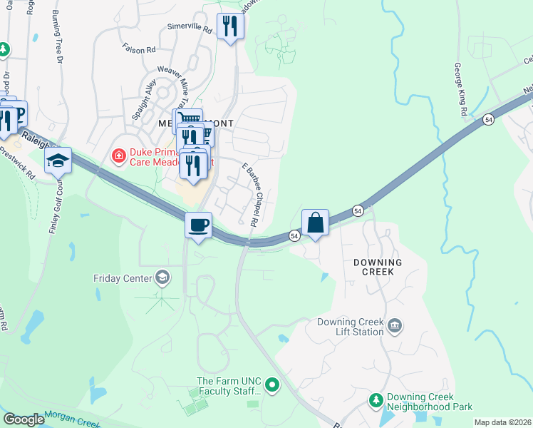 map of restaurants, bars, coffee shops, grocery stores, and more near 501 East Barbee Chapel Road in Chapel Hill