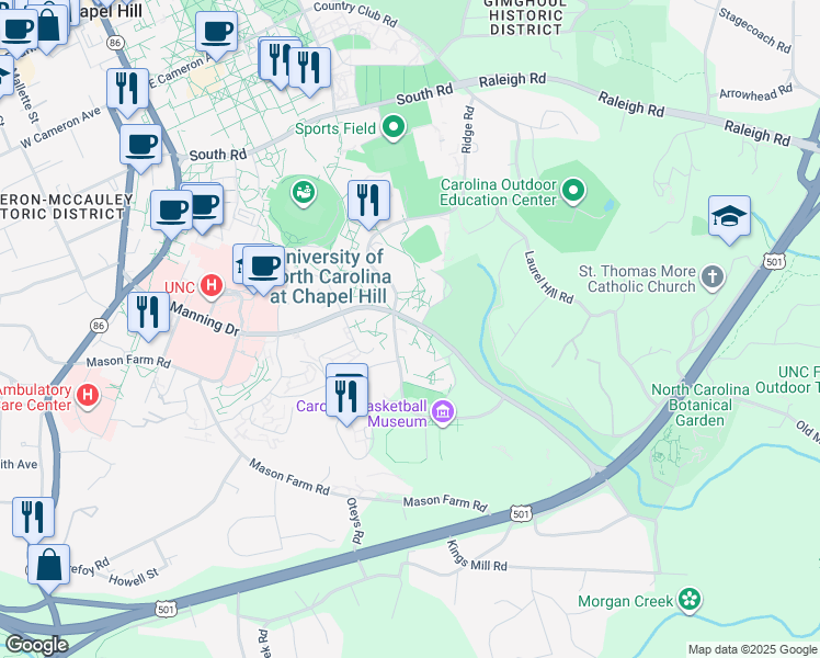 map of restaurants, bars, coffee shops, grocery stores, and more near 411 Skipper Bowles Drive in Chapel Hill