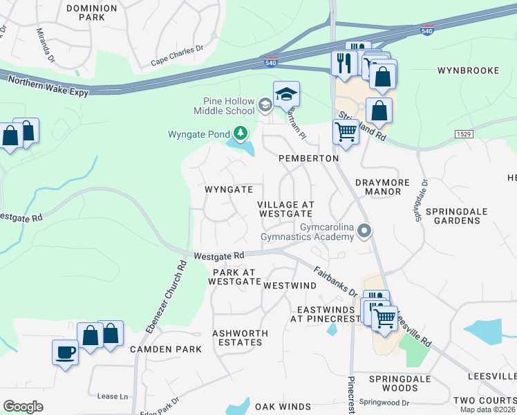 map of restaurants, bars, coffee shops, grocery stores, and more near 9101 Colony Village Lane in Raleigh