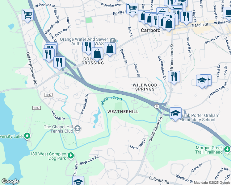 map of restaurants, bars, coffee shops, grocery stores, and more near 420 North Carolina 54 in Carrboro