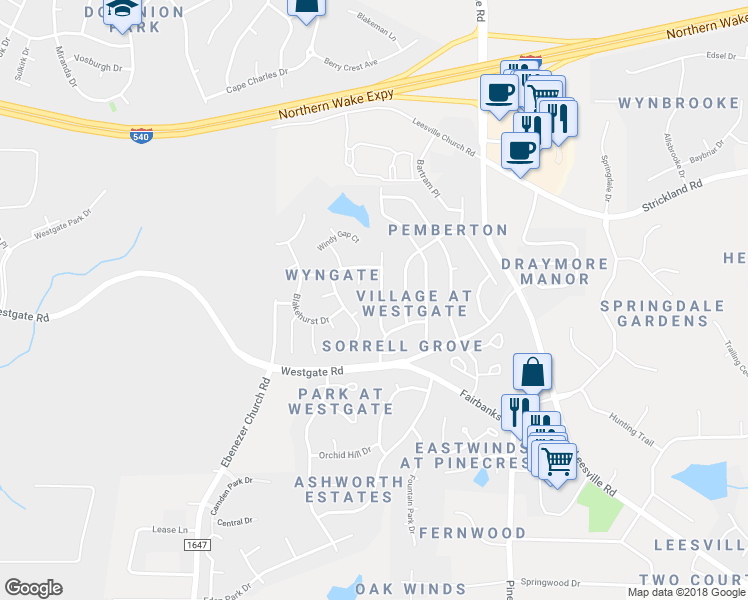 map of restaurants, bars, coffee shops, grocery stores, and more near 9101 Colony Village Lane in Raleigh