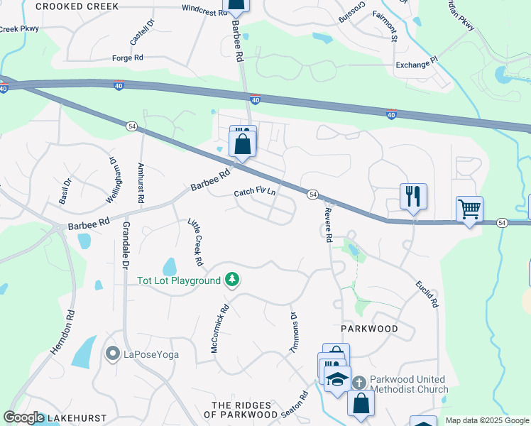 map of restaurants, bars, coffee shops, grocery stores, and more near 1501 Catch Fly Lane in Durham