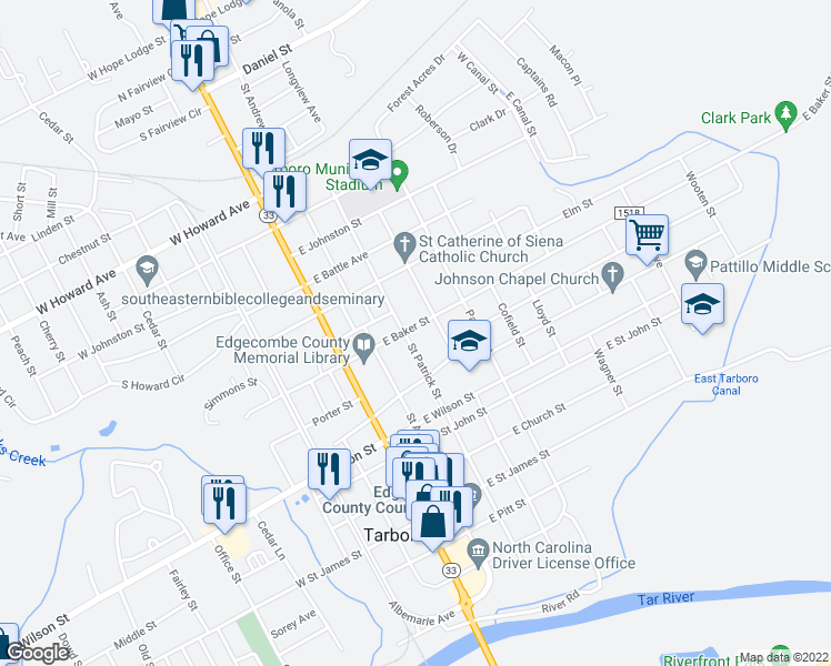 map of restaurants, bars, coffee shops, grocery stores, and more near 806 Saint Patrick Street in Tarboro