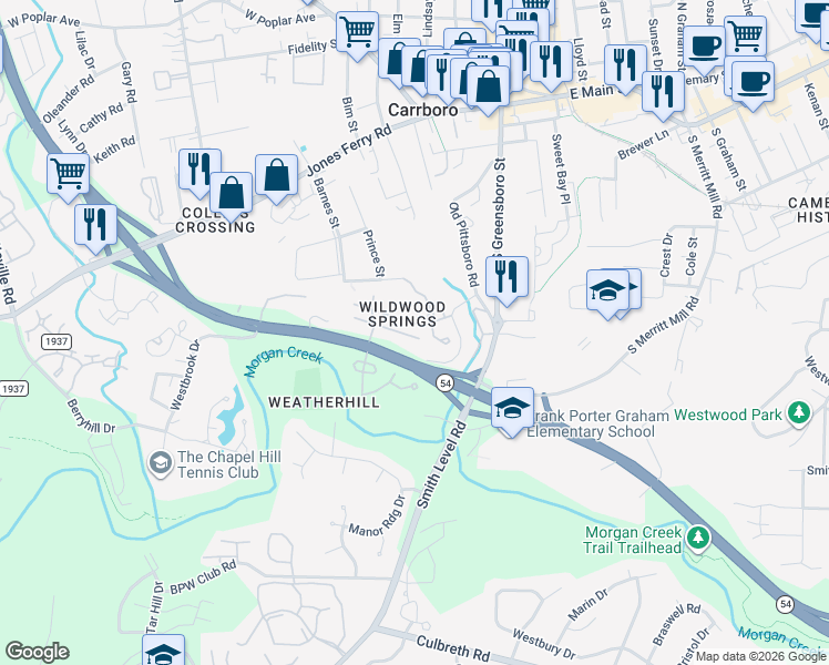 map of restaurants, bars, coffee shops, grocery stores, and more near 603 North Carolina 54 in Carrboro