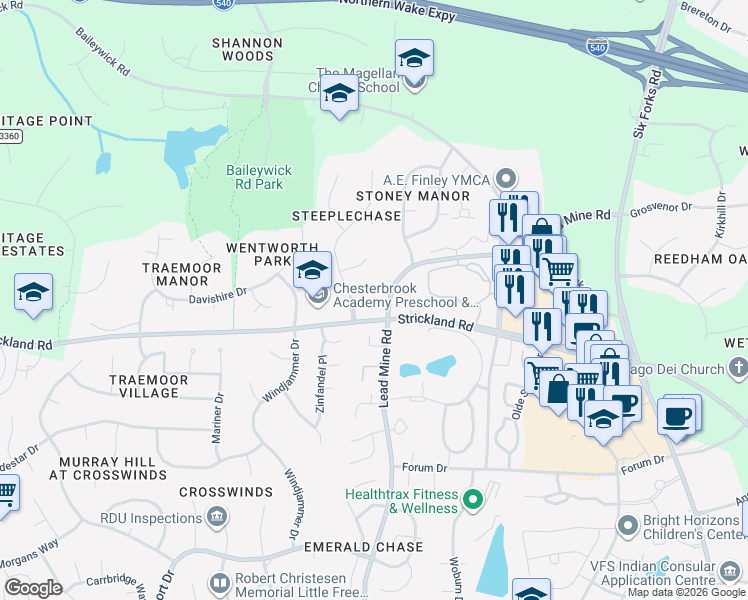 map of restaurants, bars, coffee shops, grocery stores, and more near 8600 Lead Mine Road in Raleigh