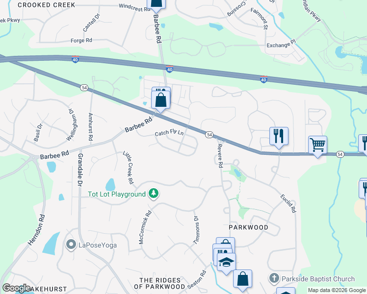 map of restaurants, bars, coffee shops, grocery stores, and more near 1205 Lotus Lilly Drive in Durham