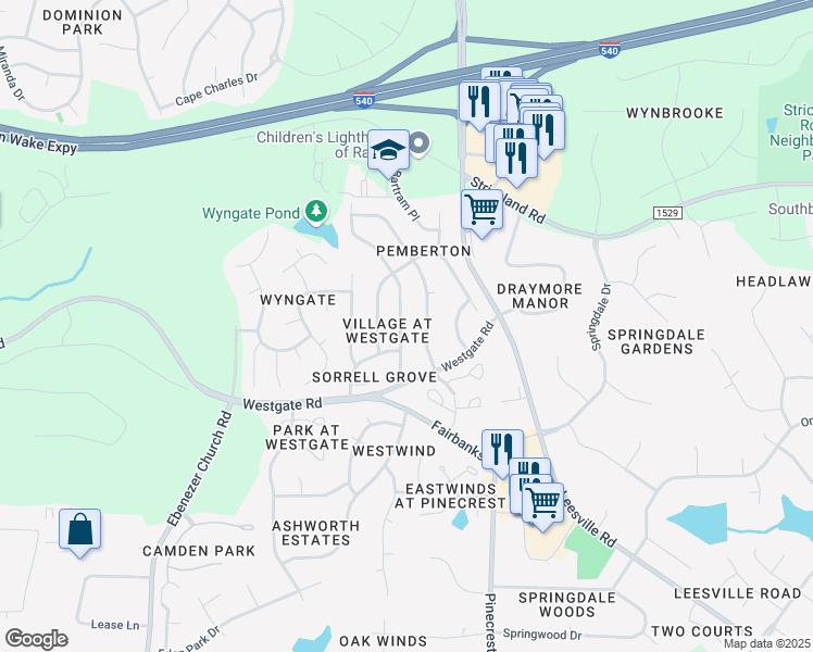 map of restaurants, bars, coffee shops, grocery stores, and more near 9024 Shallcross Way in Raleigh