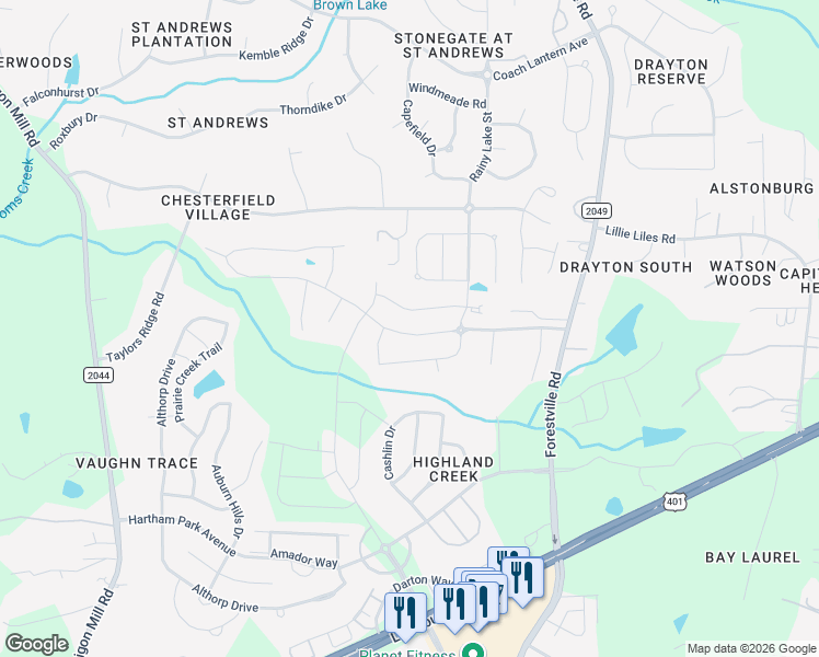 map of restaurants, bars, coffee shops, grocery stores, and more near 3341 Table Mountain Pine Drive in Wake Forest