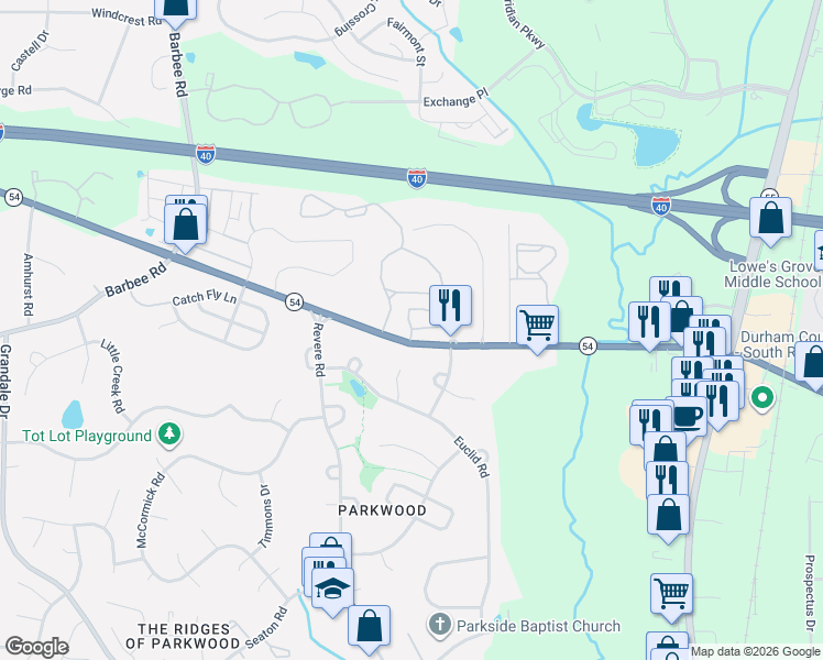 map of restaurants, bars, coffee shops, grocery stores, and more near 112 Putnam Lane in Durham