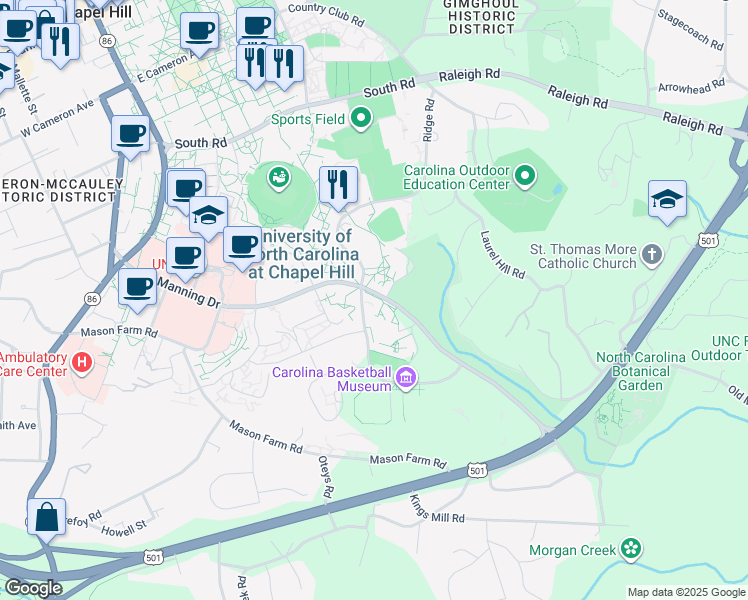 map of restaurants, bars, coffee shops, grocery stores, and more near 411 Skipper Bowles Drive in Chapel Hill