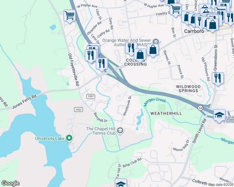 map of restaurants, bars, coffee shops, grocery stores, and more near 310 Cedarwood Drive in Carrboro