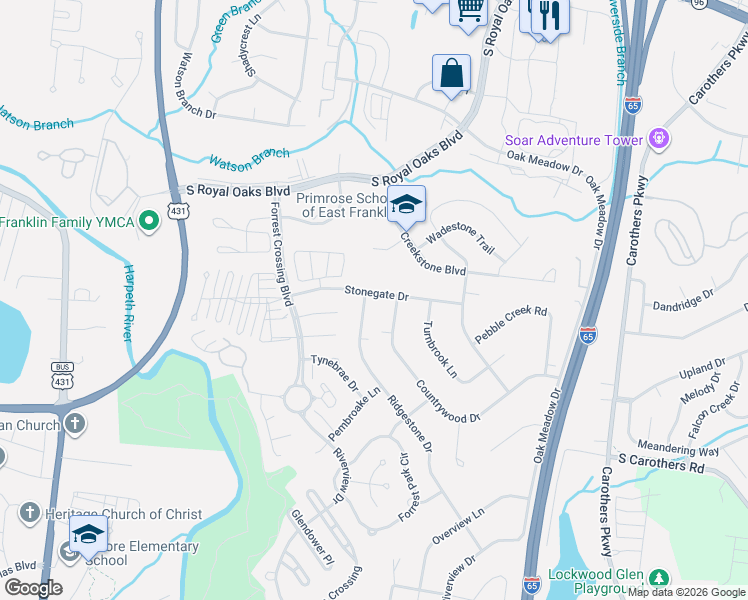 map of restaurants, bars, coffee shops, grocery stores, and more near 553 Ridgestone Drive in Franklin