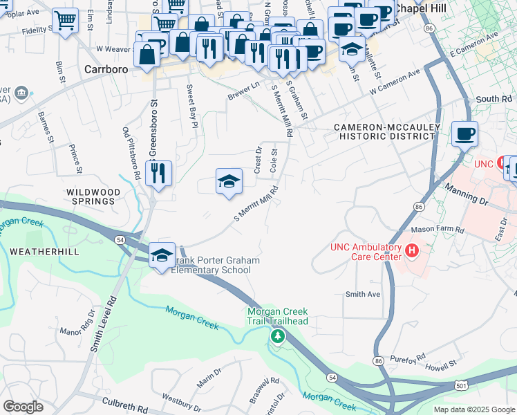 map of restaurants, bars, coffee shops, grocery stores, and more near 721 South Merritt Mill Road in Chapel Hill