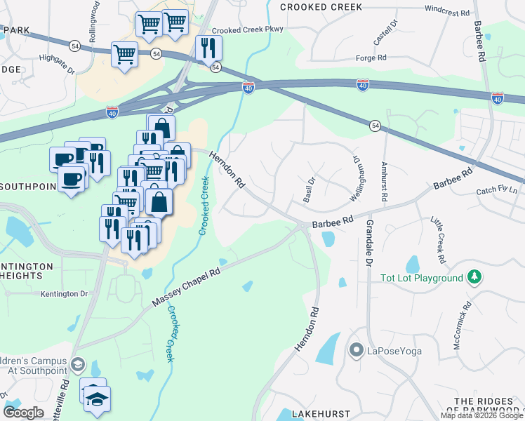 map of restaurants, bars, coffee shops, grocery stores, and more near 6709 Winding Arch Drive in Durham