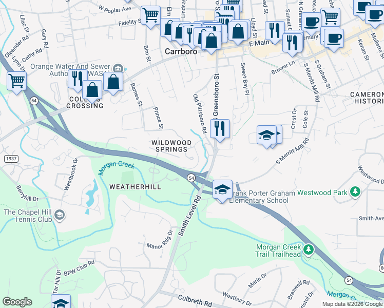 map of restaurants, bars, coffee shops, grocery stores, and more near 122 South Peak Drive in Carrboro