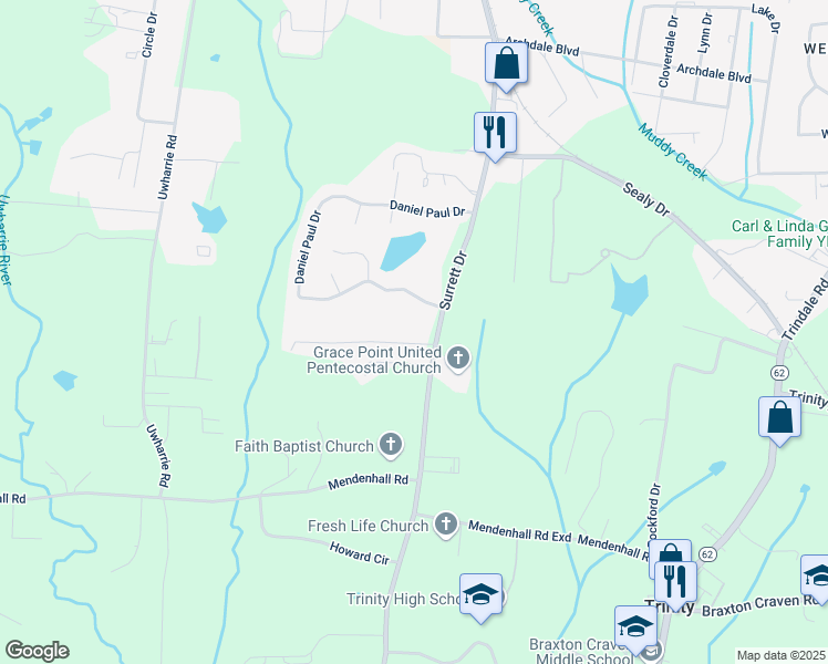 map of restaurants, bars, coffee shops, grocery stores, and more near 5731 Joan Drive in Archdale