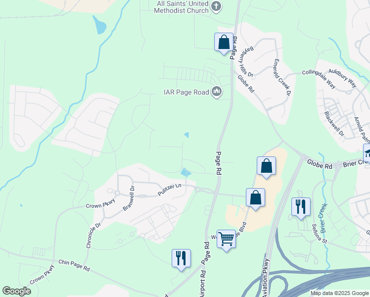 map of restaurants, bars, coffee shops, grocery stores, and more near 3404 Page Road in Morrisville