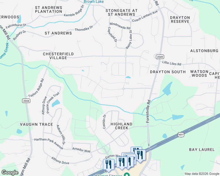 map of restaurants, bars, coffee shops, grocery stores, and more near 3414 Norway Spruce Road in Wake Forest
