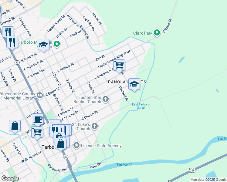 map of restaurants, bars, coffee shops, grocery stores, and more near 900 East Saint John Street in Tarboro