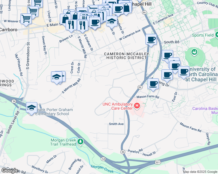 map of restaurants, bars, coffee shops, grocery stores, and more near 412 Westwood Drive in Chapel Hill