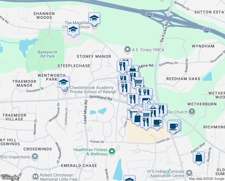 map of restaurants, bars, coffee shops, grocery stores, and more near 8810 Autumn Winds Drive in Raleigh