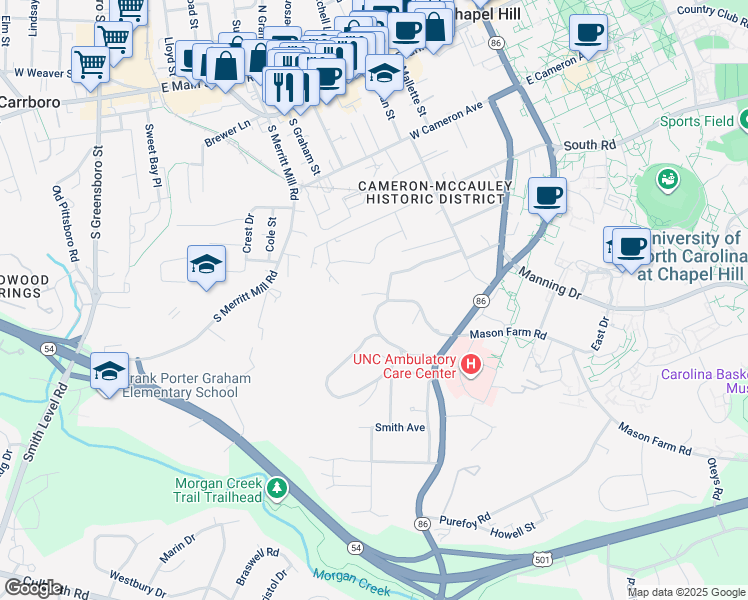 map of restaurants, bars, coffee shops, grocery stores, and more near 412 Westwood Drive in Chapel Hill