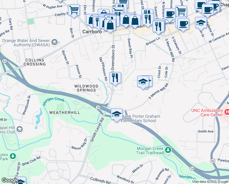 map of restaurants, bars, coffee shops, grocery stores, and more near 440 South Greensboro Street in Carrboro