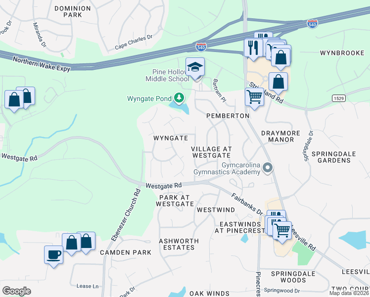 map of restaurants, bars, coffee shops, grocery stores, and more near 8912 Eaglebrook Court in Raleigh