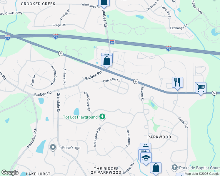 map of restaurants, bars, coffee shops, grocery stores, and more near 1114 Catch Fly Lane in Durham