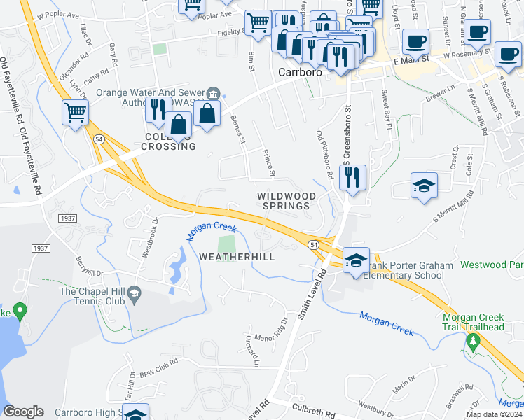 map of restaurants, bars, coffee shops, grocery stores, and more near 501 North Carolina 54 in Carrboro