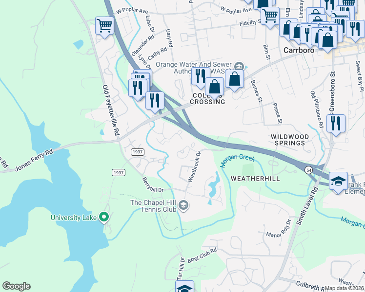 map of restaurants, bars, coffee shops, grocery stores, and more near 601 Jones Ferry Road in Carrboro