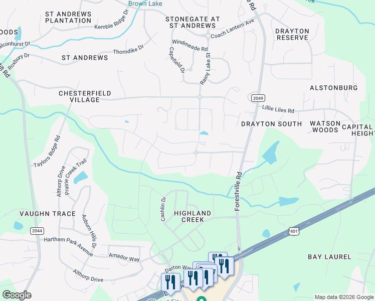 map of restaurants, bars, coffee shops, grocery stores, and more near 3449 Norway Spruce Road in Wake Forest