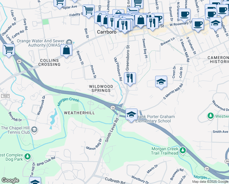 map of restaurants, bars, coffee shops, grocery stores, and more near 100 Daffodil Lane in Carrboro