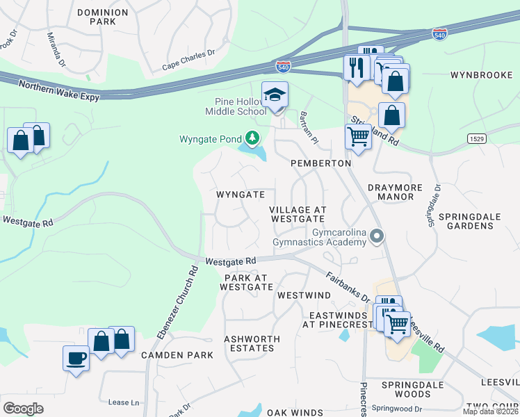 map of restaurants, bars, coffee shops, grocery stores, and more near 8912 Eaglebrook Court in Raleigh
