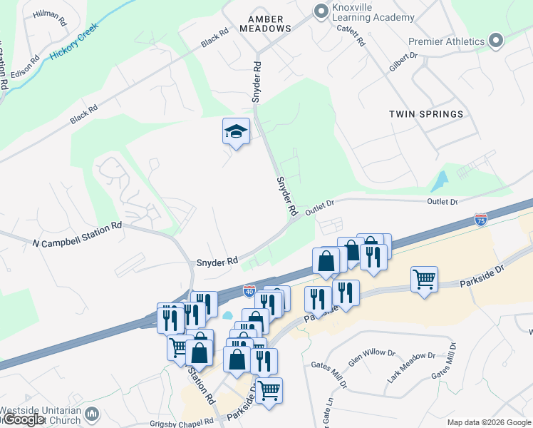 map of restaurants, bars, coffee shops, grocery stores, and more near 11645 Snyder Road in Knoxville