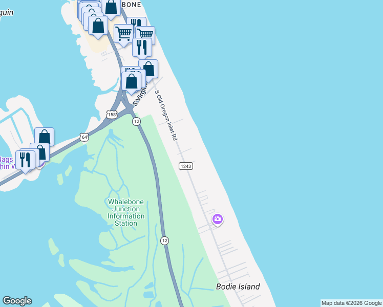 map of restaurants, bars, coffee shops, grocery stores, and more near 8123UT205 South Old Oregon Inlet Road in Nags Head
