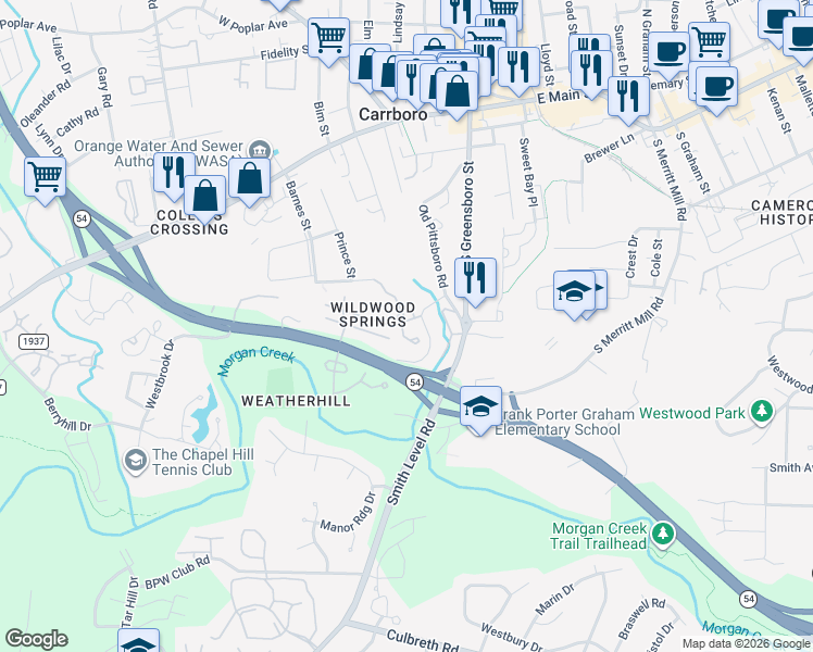 map of restaurants, bars, coffee shops, grocery stores, and more near 114 Lantern Way in Carrboro