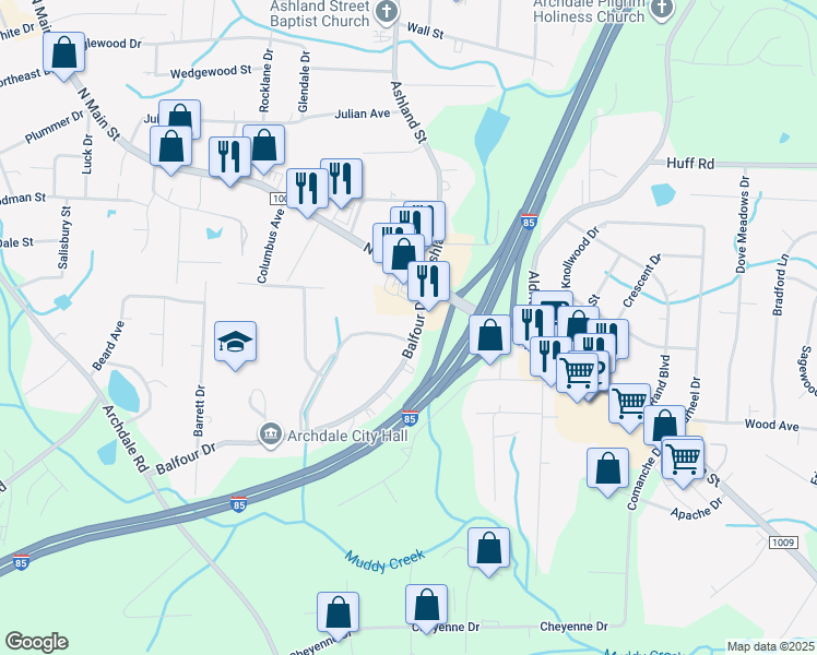 map of restaurants, bars, coffee shops, grocery stores, and more near 118 Balfour Drive in Archdale